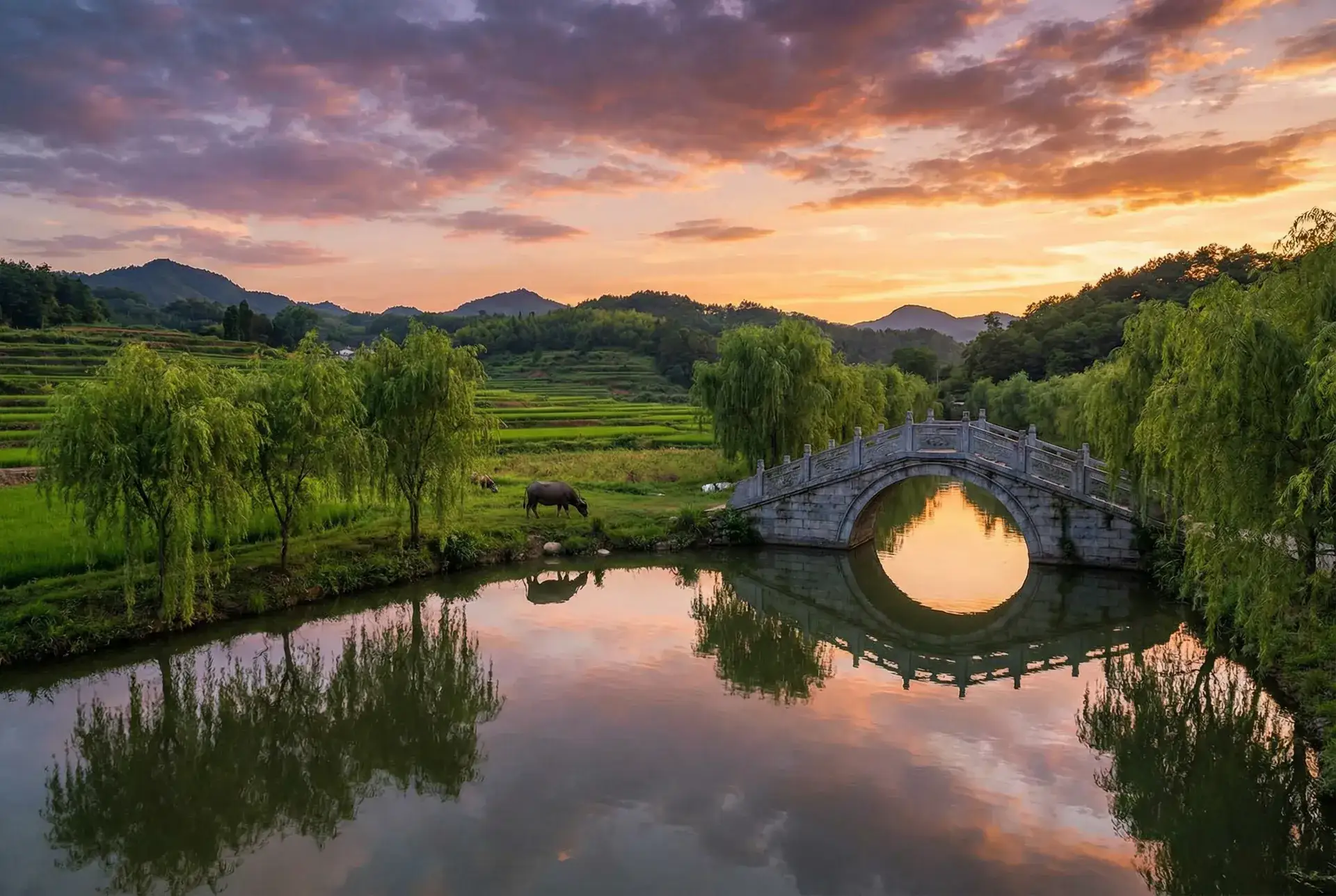 夕阳下的石拱桥与垂柳，水牛在河边吃草 - 脱口秀大会第五季 乡村美景